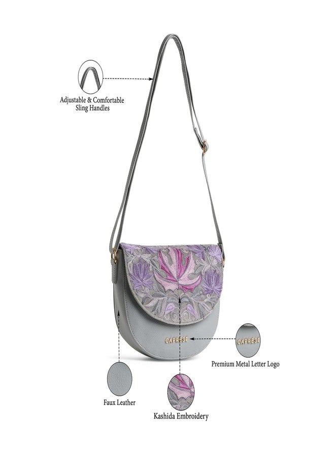 كابريس حقيبة كروس متوسطة الحجم من كابريس سيجي تريسنا للنساء، مزودة بحزام قابل للتعديل وسحاب للإغلاق | حقيبة كتف مطرزة بمخمل كاشيدا | حقيبة أنيقة وخفيفة الوزن للاستخدام اليومي والسفر والنزهات غير الرسمية (رمادي) - Image 5